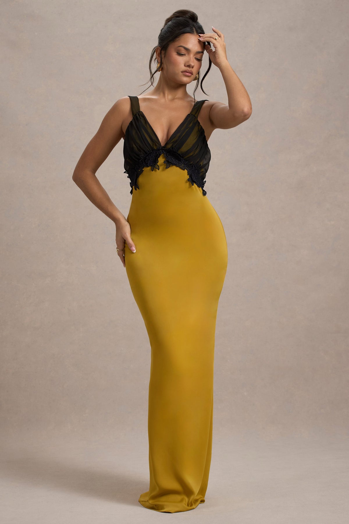 Sahara | Mustard Satin V-Neck Maxi Dress With Black Lace Trim