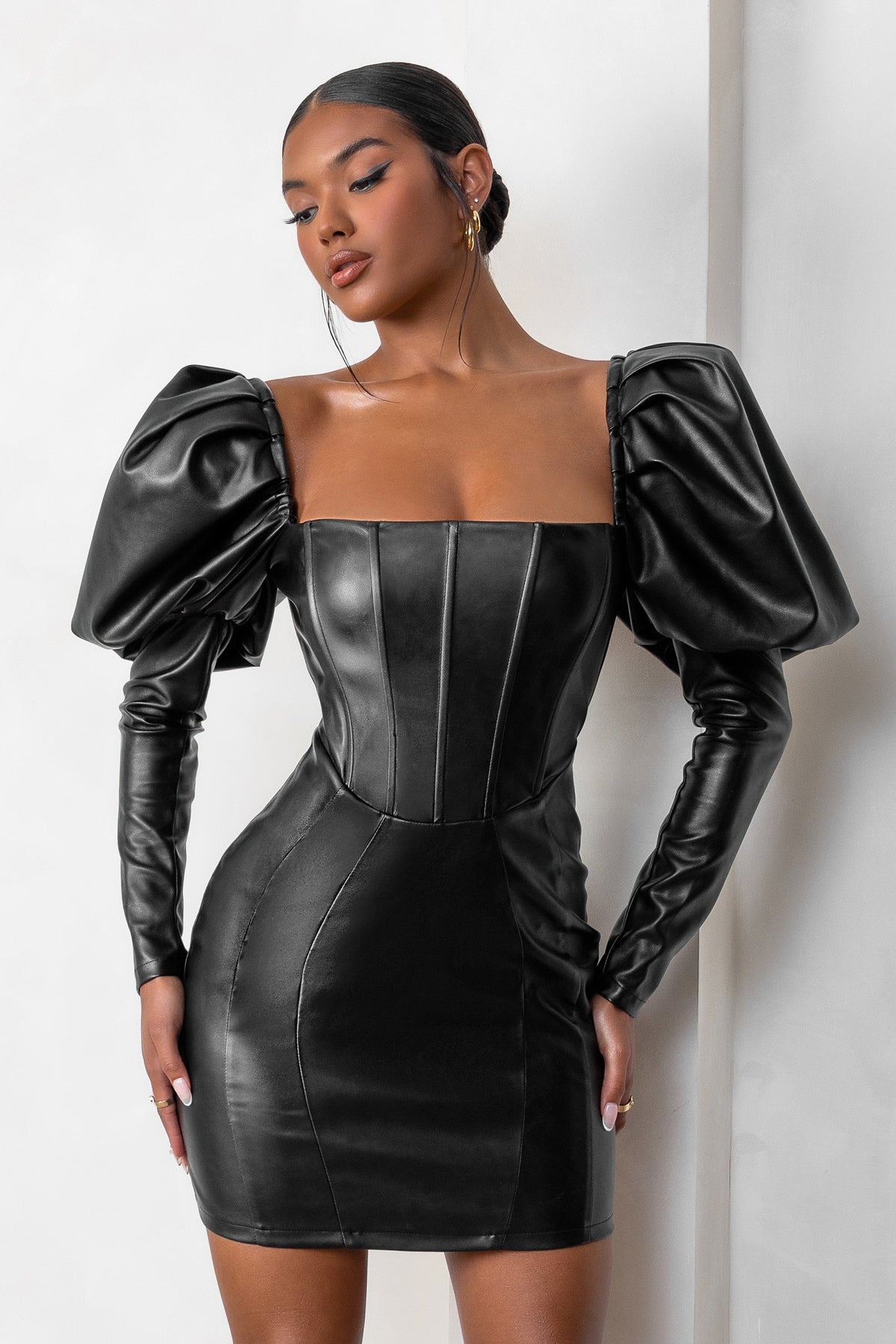 Karyme | Black Faux Leather Puff Sleeve Mini Dress With Corset Detail