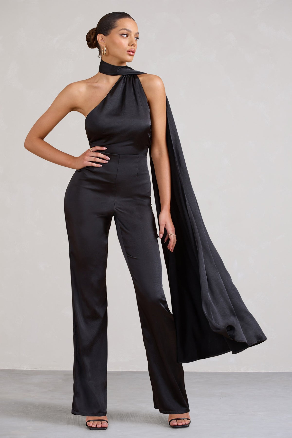 Cascada Black Satin Wide Leg Jumpsuit With Statement Scarf Neck Club L London UAE