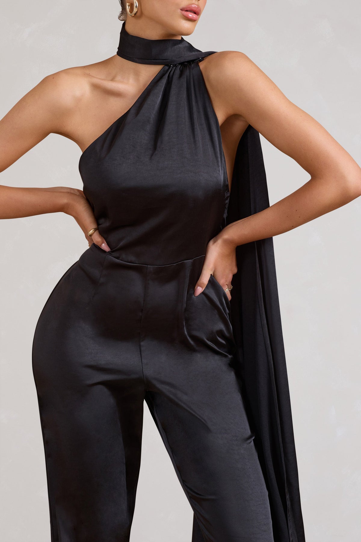 Cascada | Black Satin Wide Leg Jumpsuit With Statement Scarf Neck