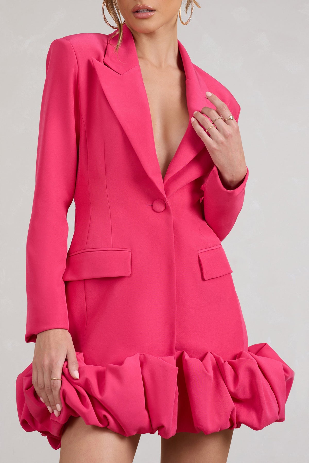 Cloud Catching | Hot Pink Tailored Blazer Mini Dress With Ruffled Hem