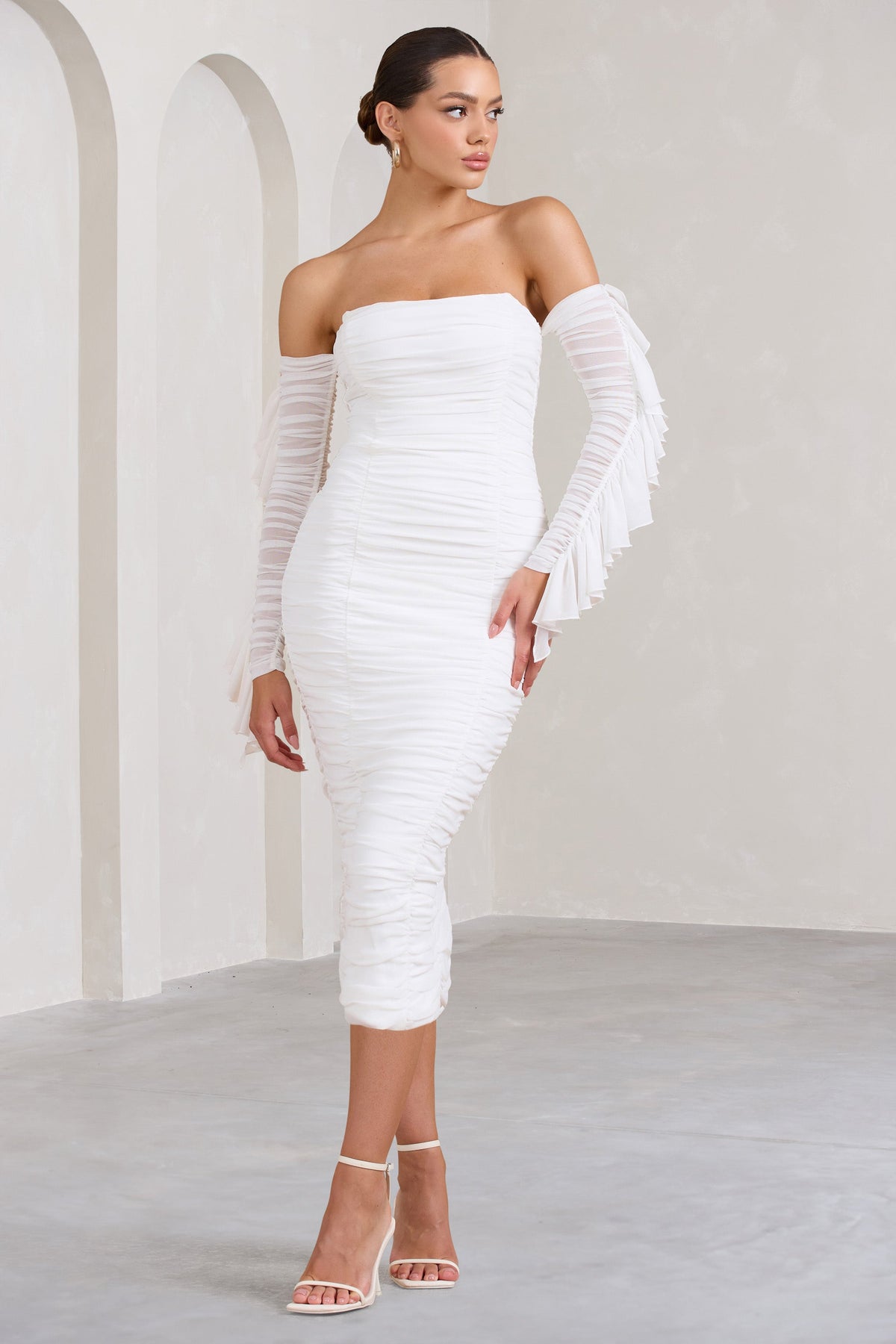 Favor | White Ruched Mesh Bardot Midi Dress