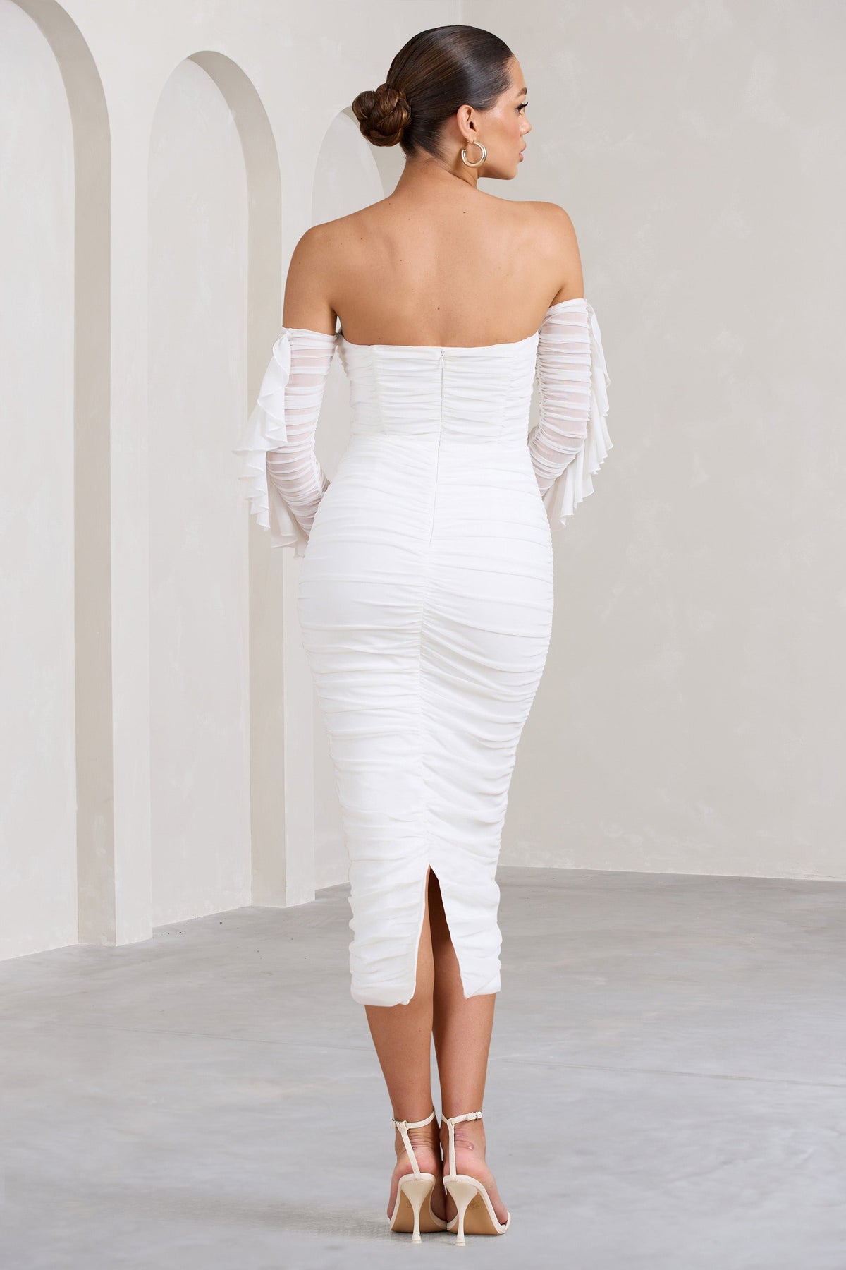 Favor | White Ruched Mesh Bardot Midi Dress