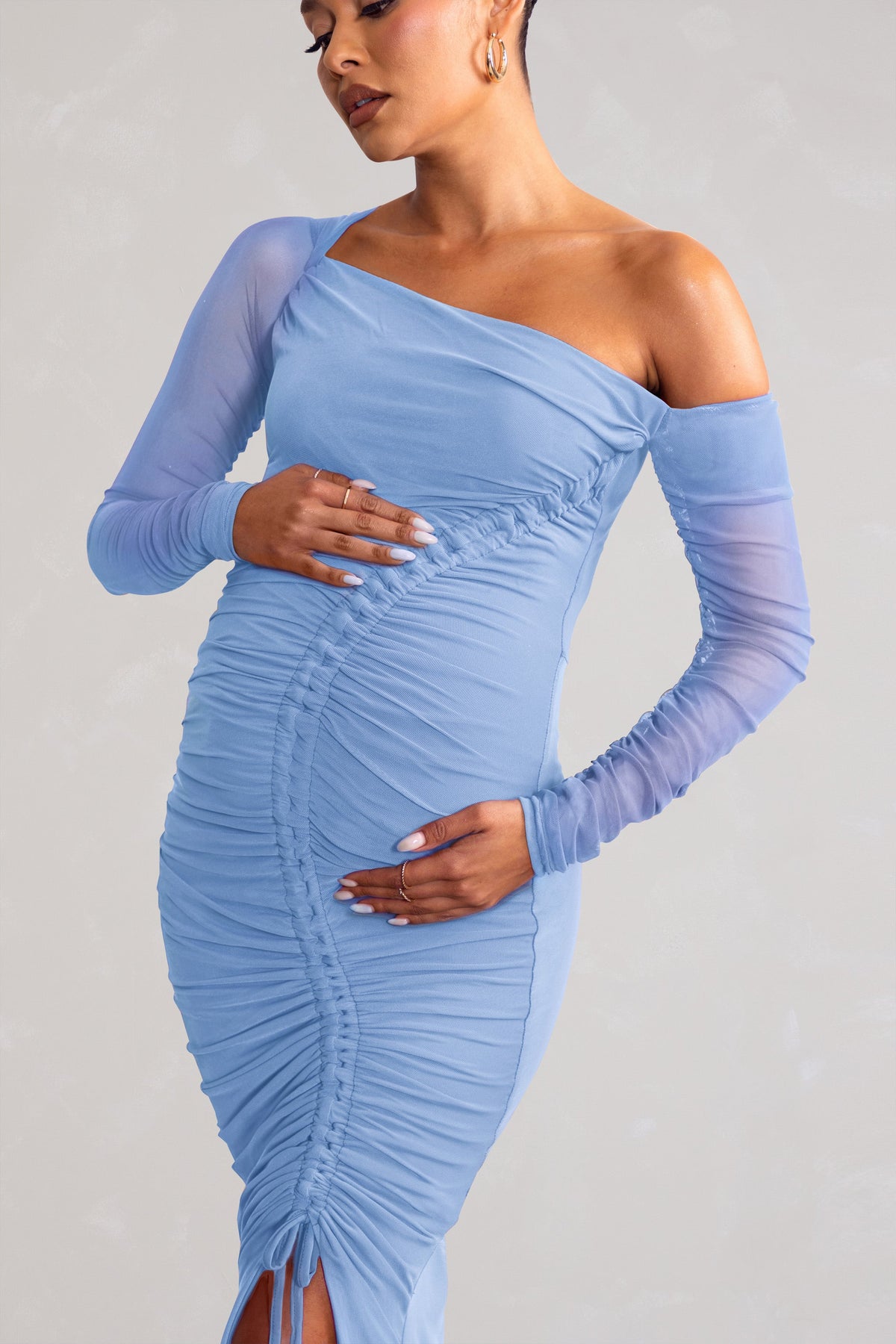 Sweet Dreams | Powder Blue Maternity Asymmetric Ruched Midi Dress