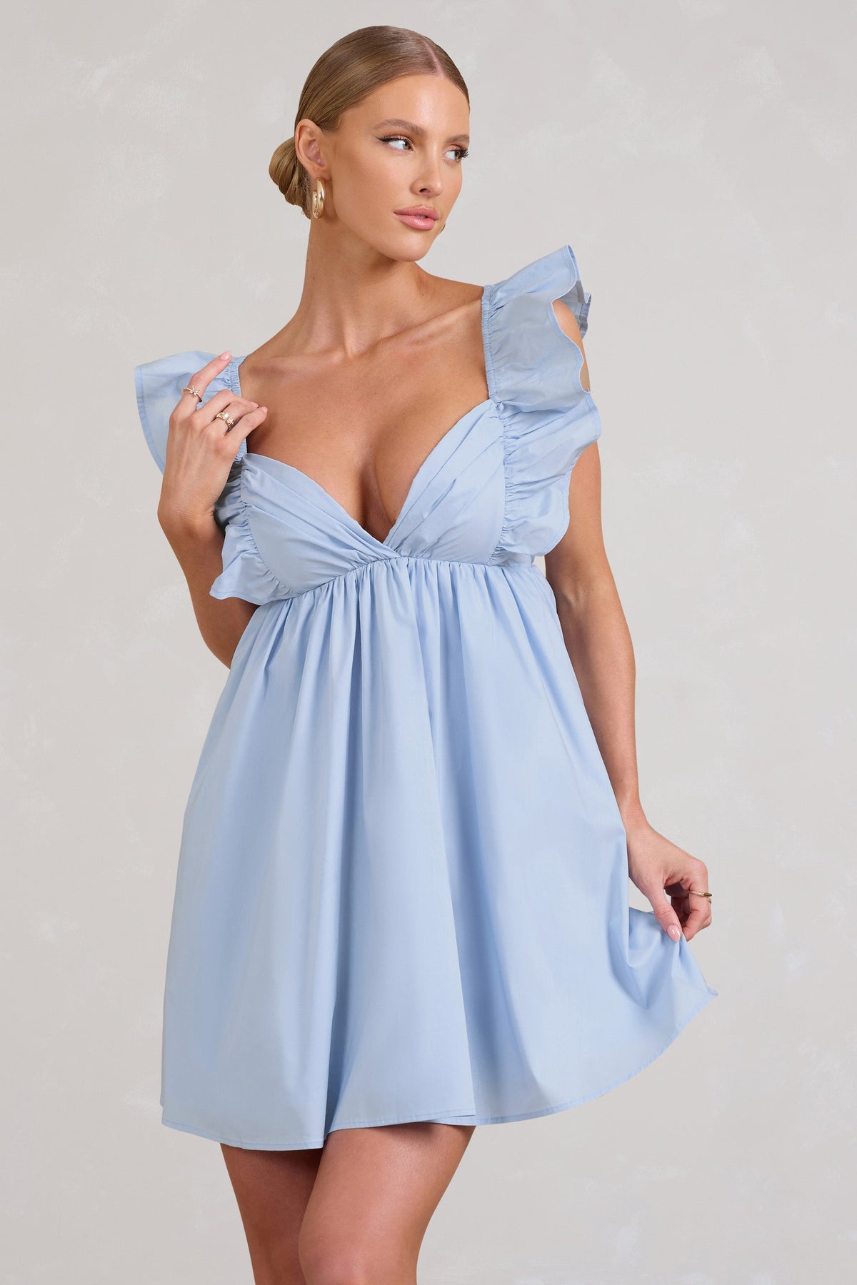 Let's Laze | Blue Poplin Smocked Mini Dress With Frilled Straps