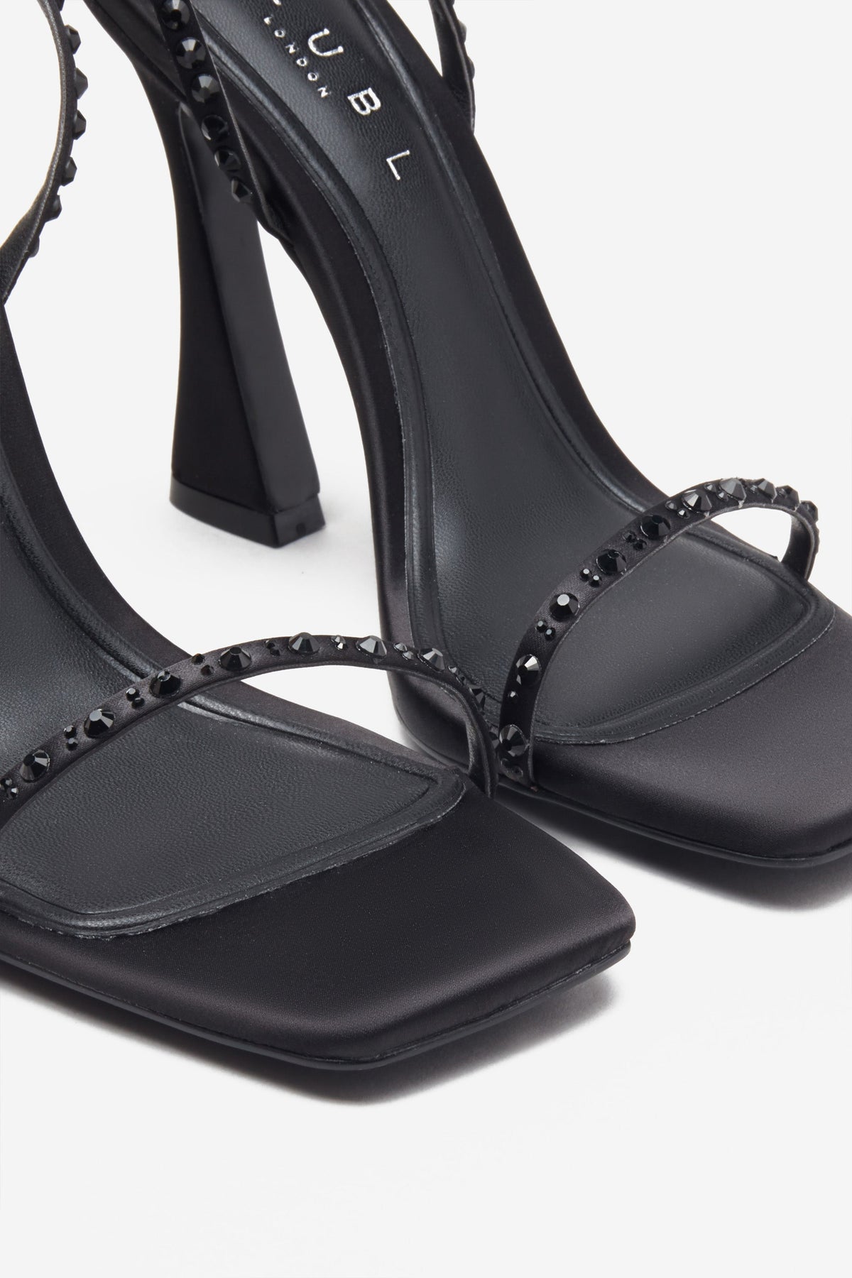 Nostalgia | Black Satin Heeled Sandals With Diamante Straps