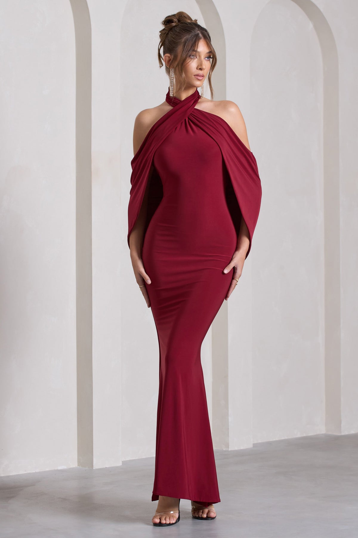 Revelation | Berry Red Crossed Halter-Neck  Maxi Dress With Cape