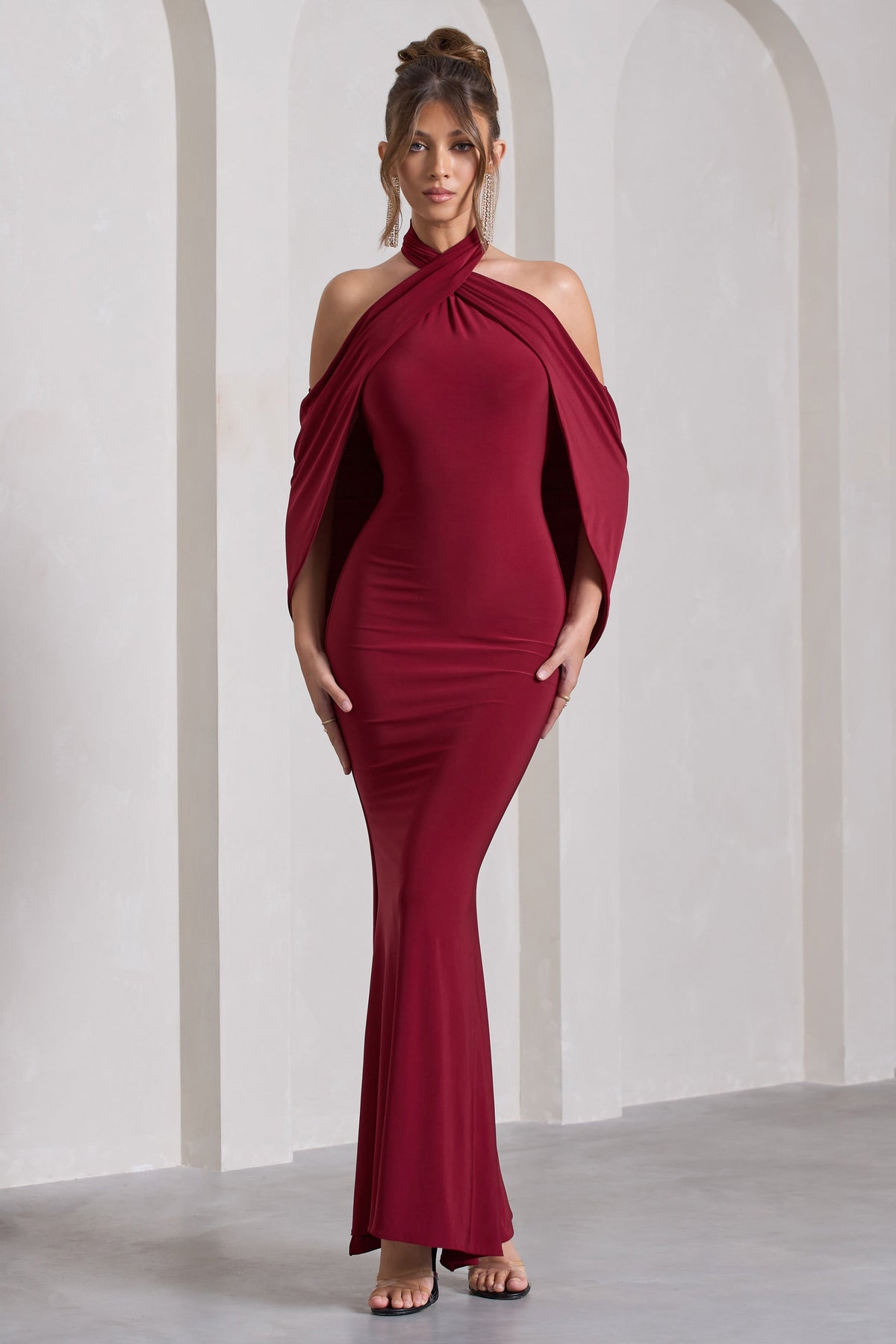 Revelation | Berry Red Crossed Halter-Neck  Maxi Dress With Cape