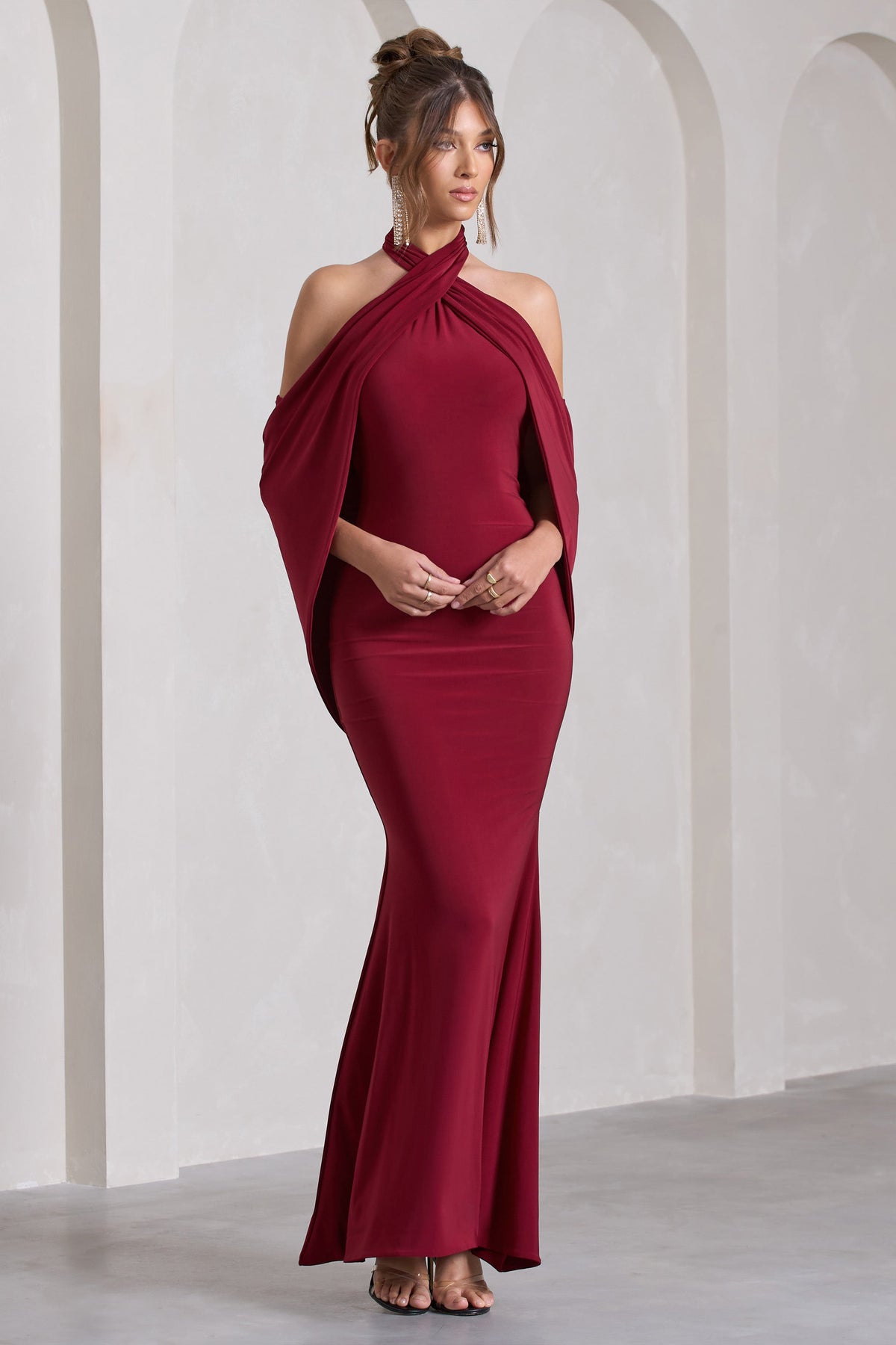 Revelation | Berry Red Crossed Halter-Neck  Maxi Dress With Cape