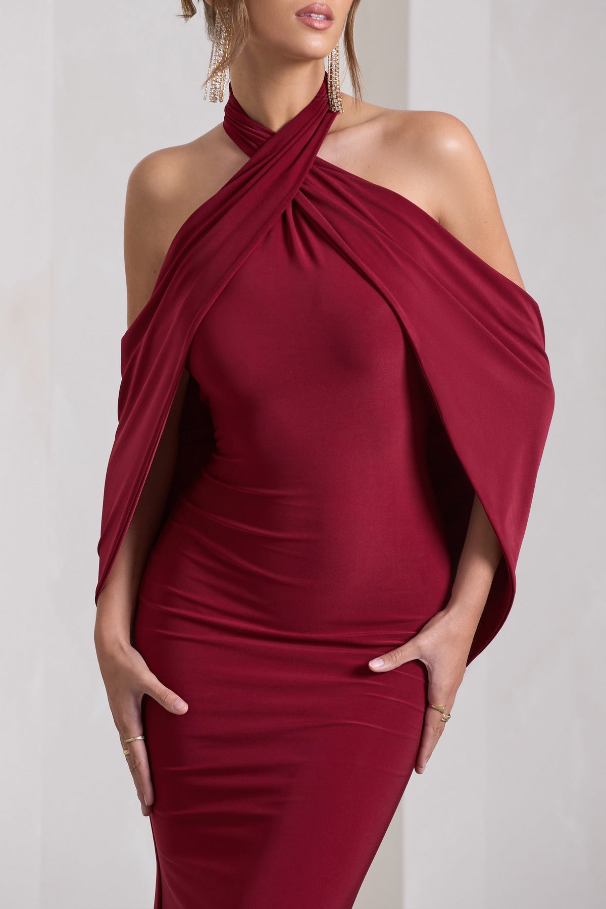 Revelation | Berry Red Crossed Halter-Neck  Maxi Dress With Cape