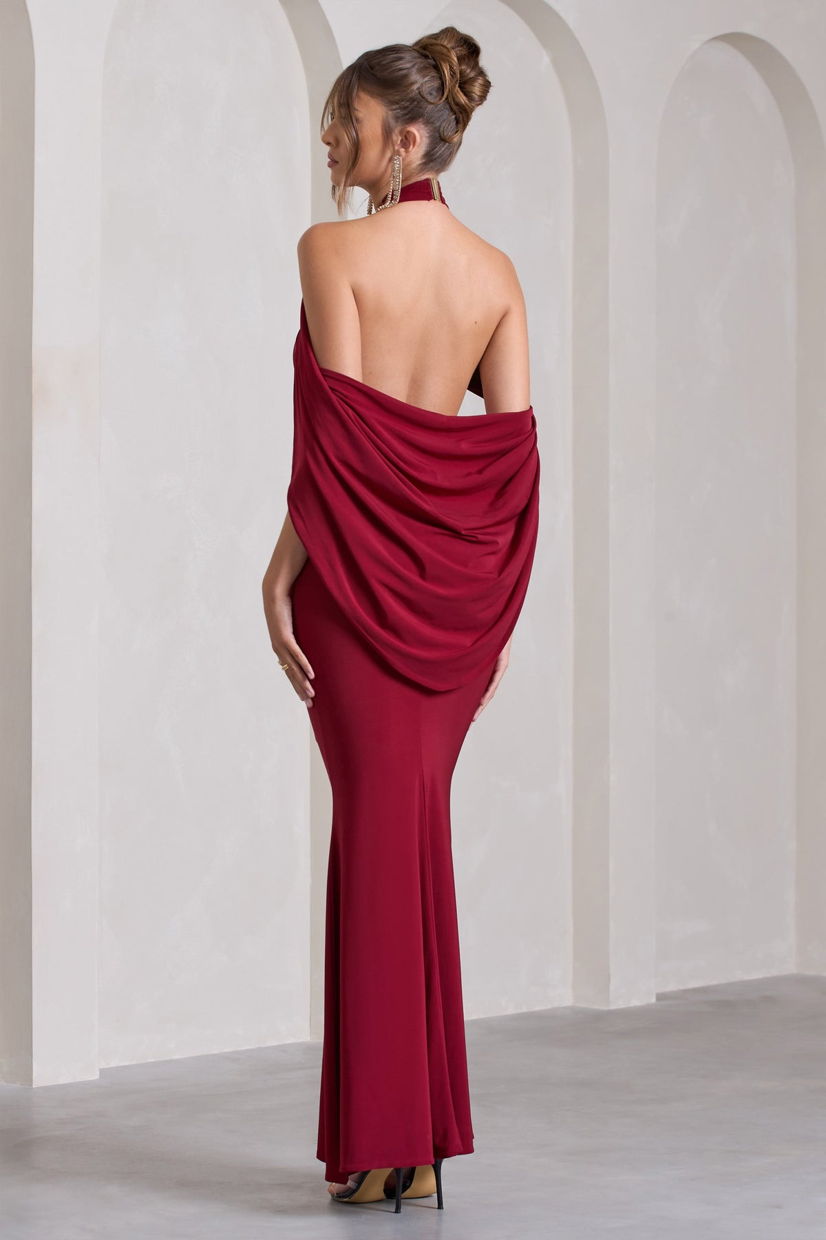 Revelation | Berry Red Crossed Halter-Neck  Maxi Dress With Cape