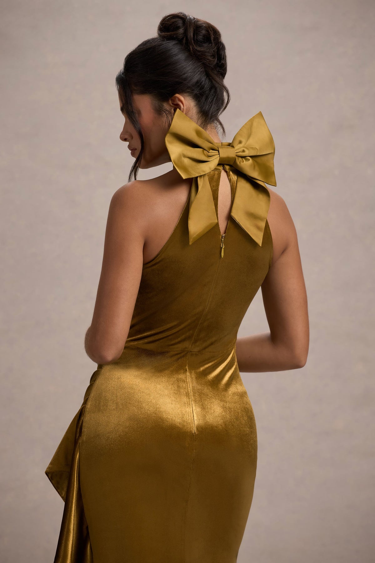 Janiya | Mustard Velvet High-Neck Ruffled Split Maxi Dress