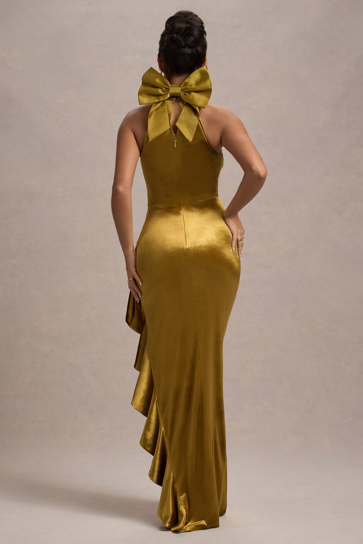 Janiya | Mustard Velvet High-Neck Ruffled Split Maxi Dress