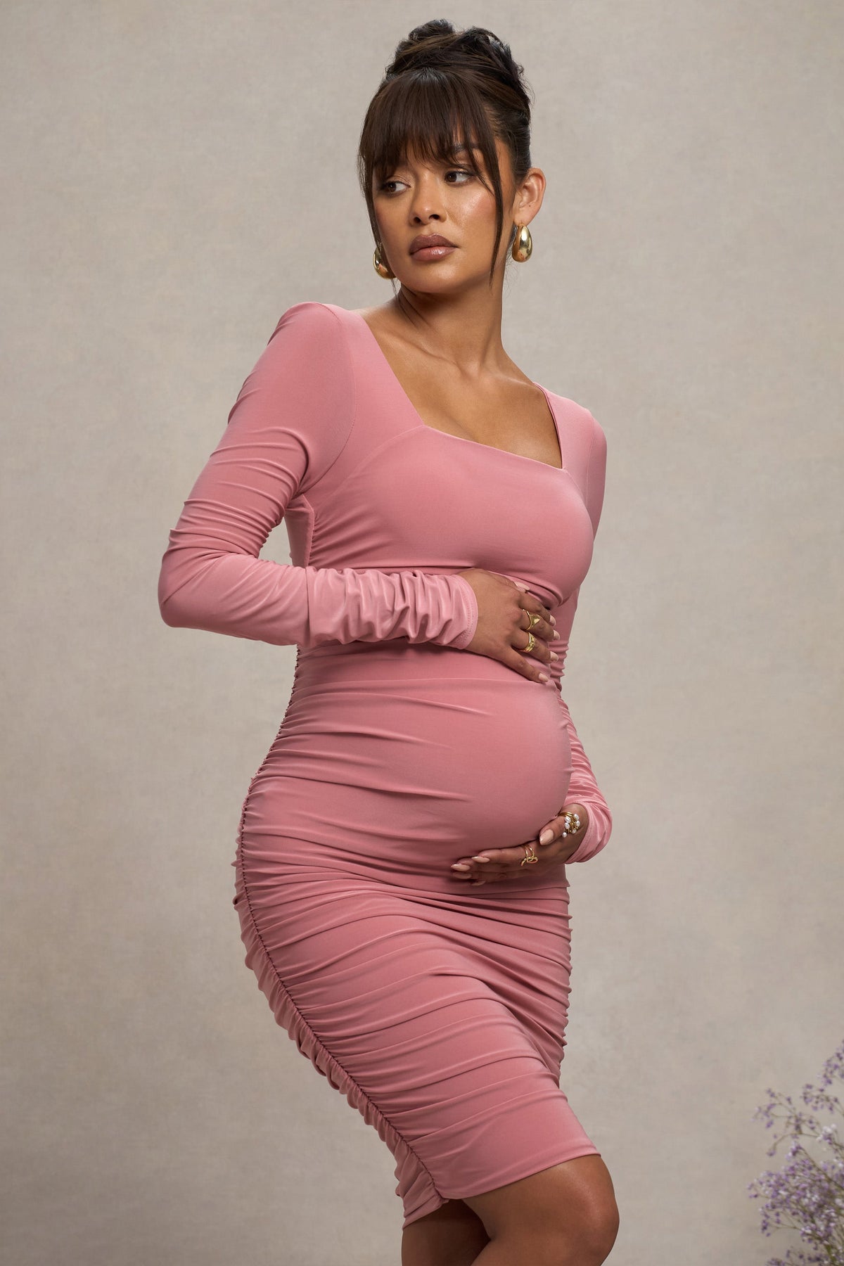 New Life | Pink Maternity Square Neck Ruched Midi Dress