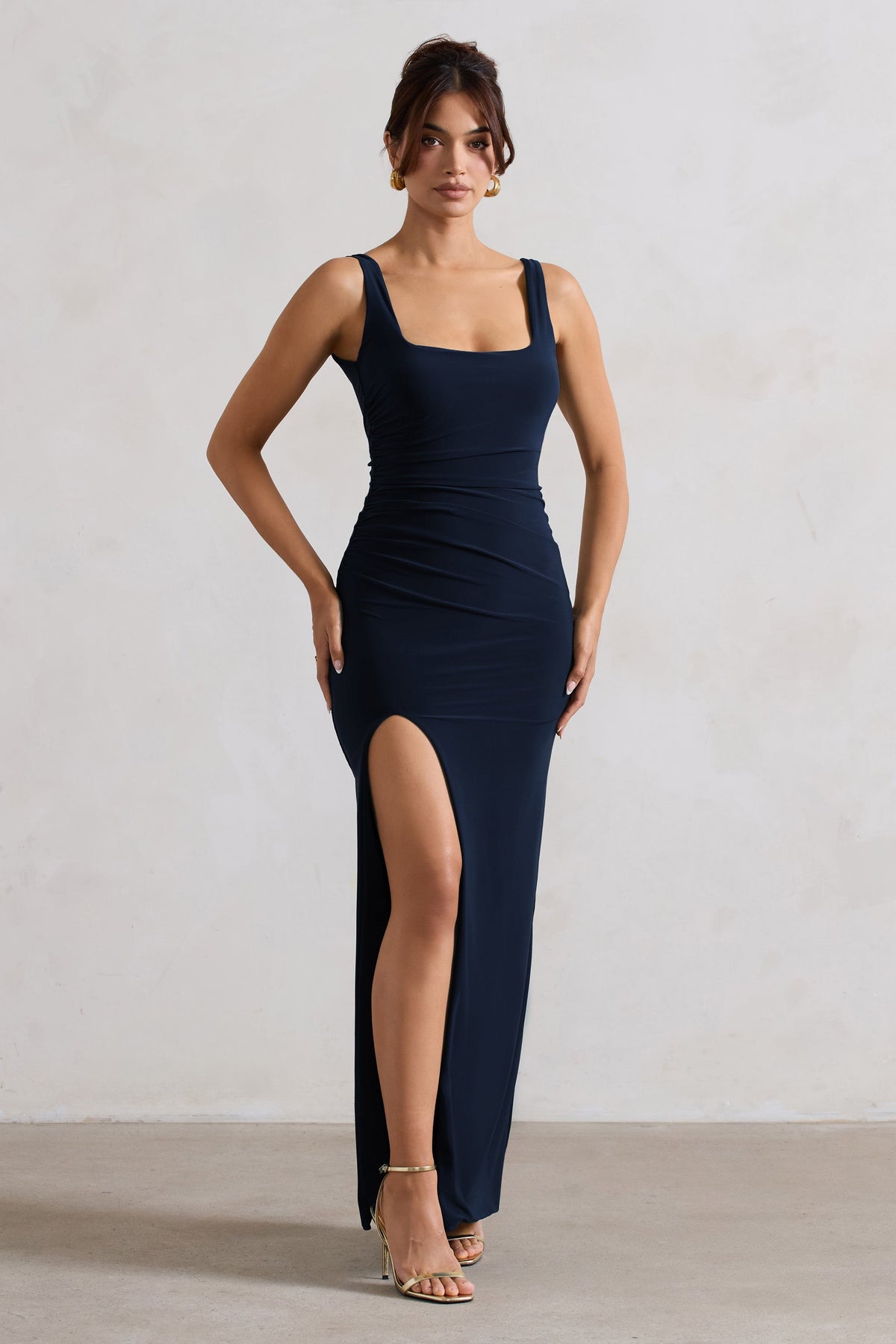 Kate | Navy Square Neck Maxi Dress with Plunge Back and Side Thigh Split