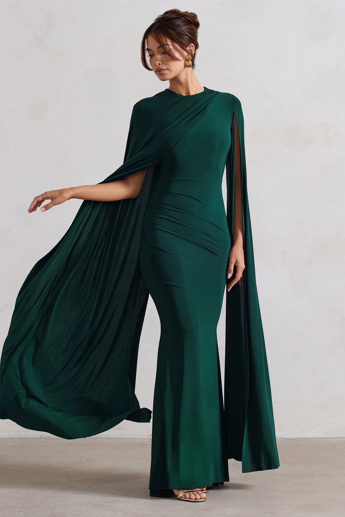 Magdelena Bottle Green Asymmetric Cape Maxi Dress Club L London UAE