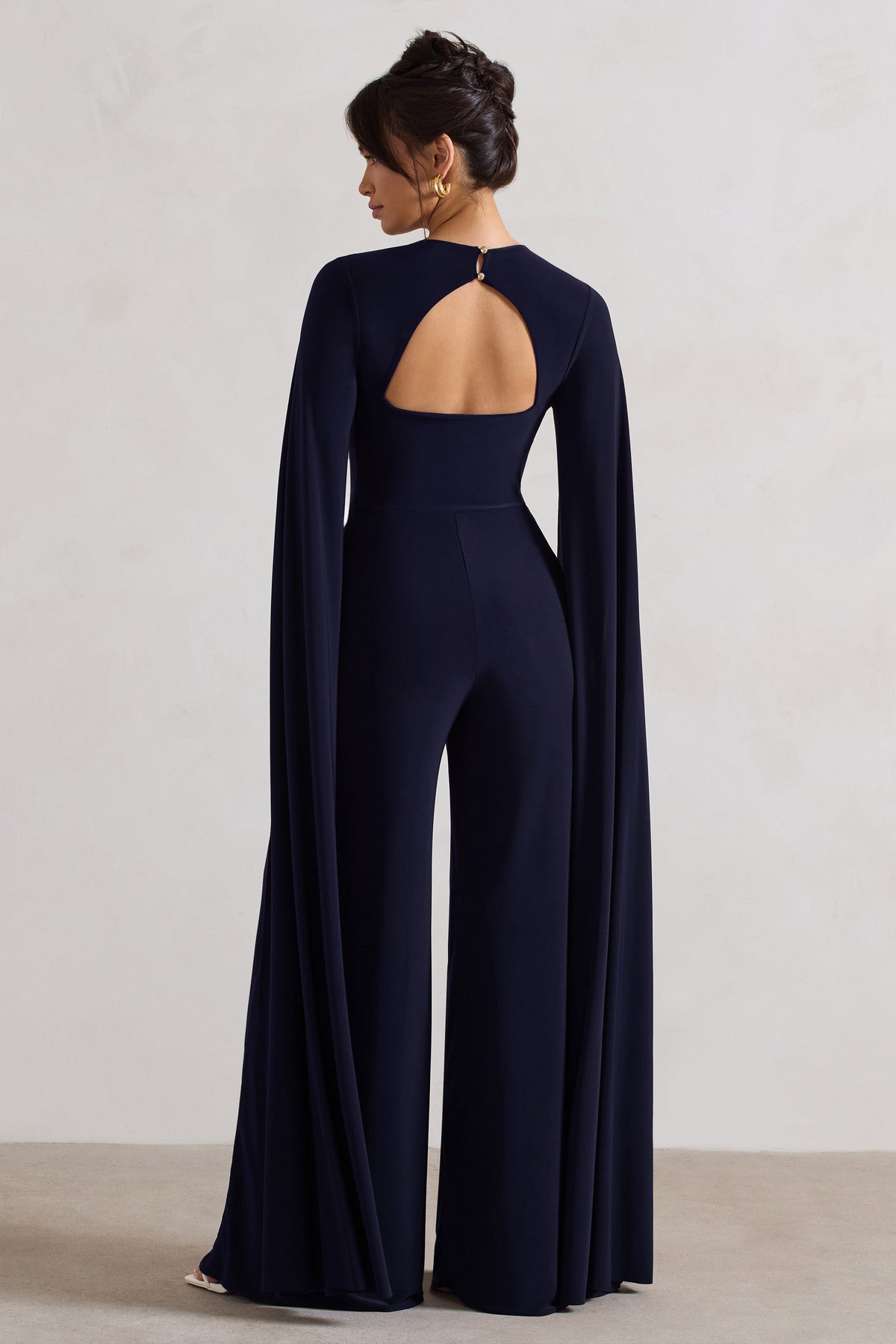 Emmanuela | Navy Plunge-Neck Wide-Leg Jumpsuit With Cape Sleeves