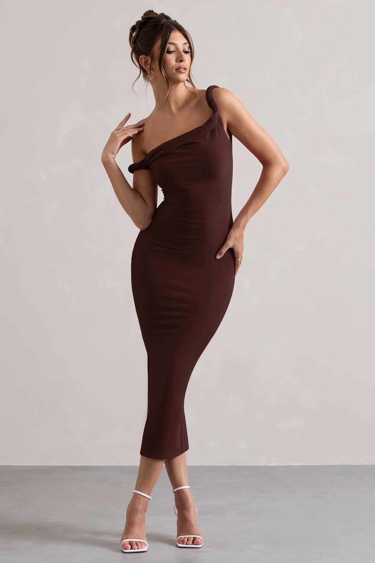 Salome | Chocolate Brown Twisted Asymmetric Midi Dress