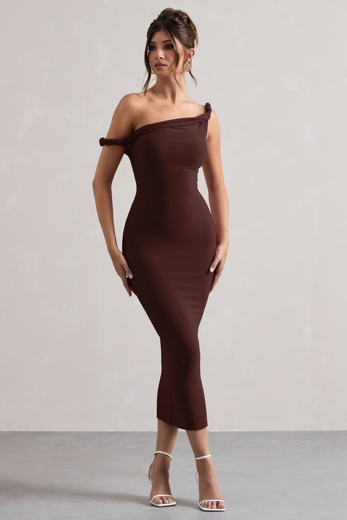 Salome | Chocolate Brown Twisted Asymmetric Midi Dress