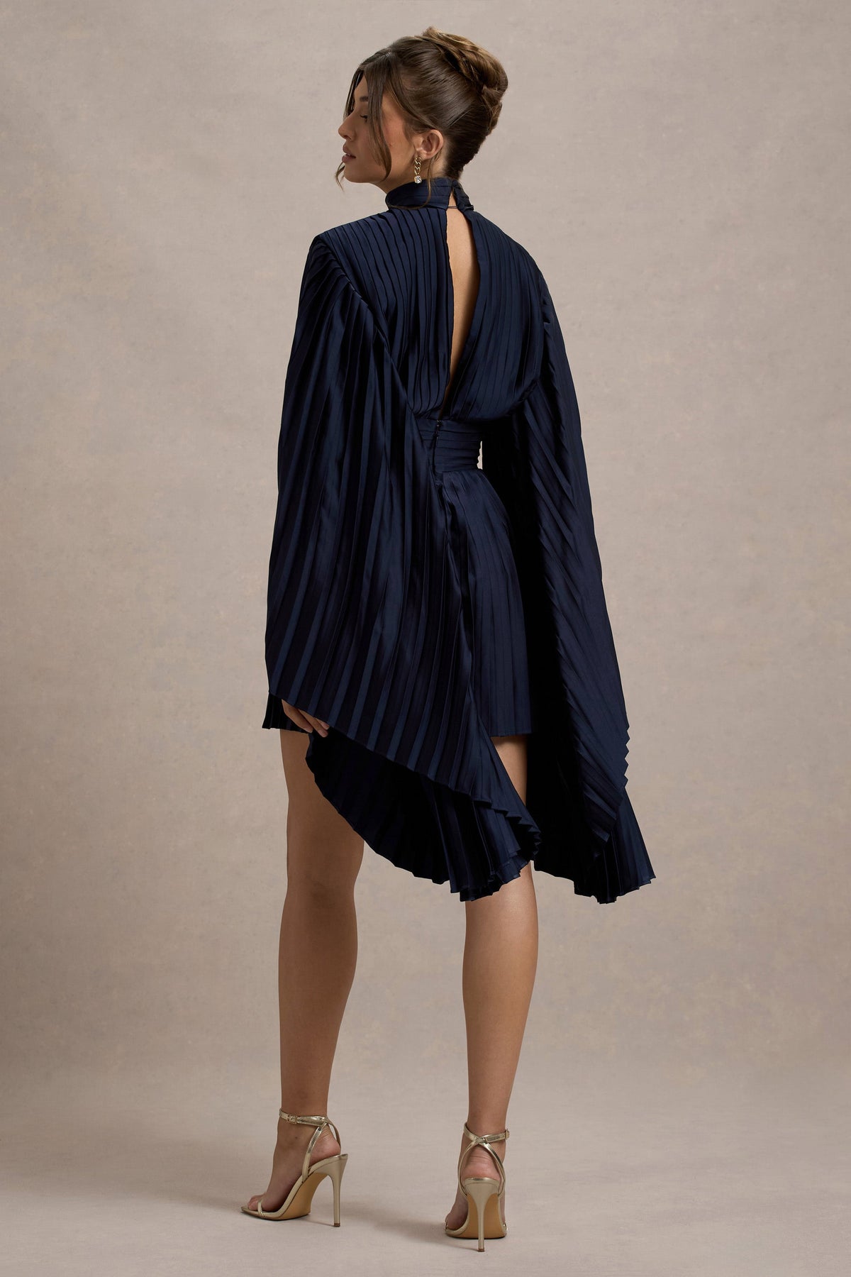 Charity | Navy Pleated High-Neck Mini Dress With Cape Sleeves