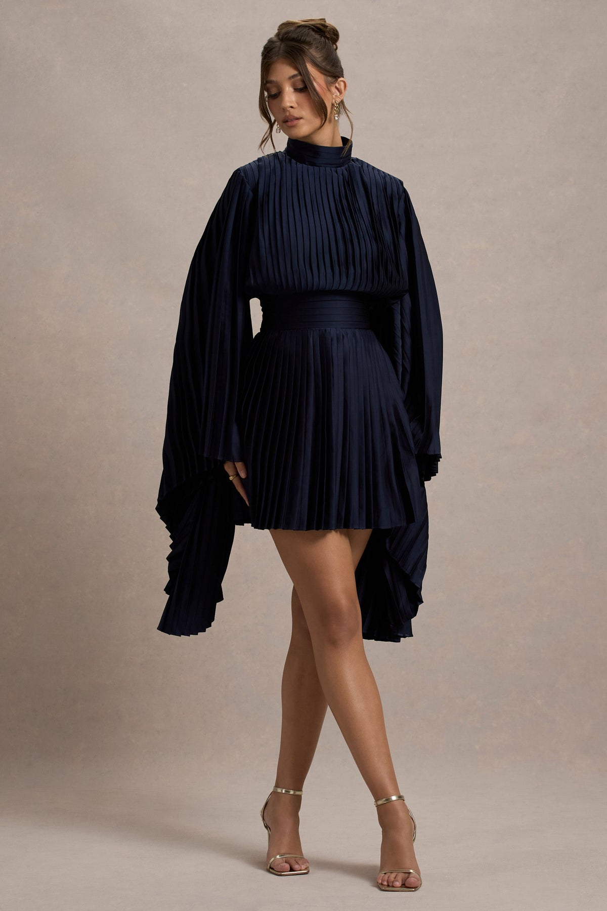 Charity | Navy Pleated High-Neck Mini Dress With Cape Sleeves