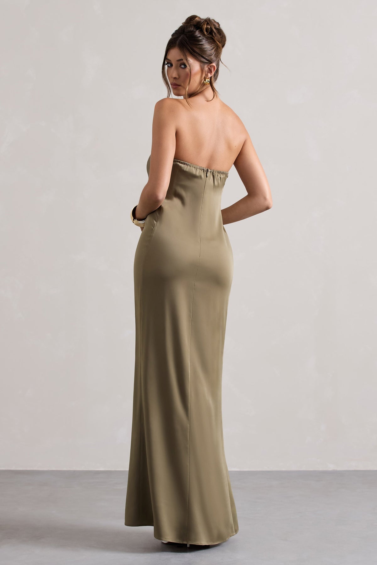 Azra | Olive Satin Bandeau Maxi Dress