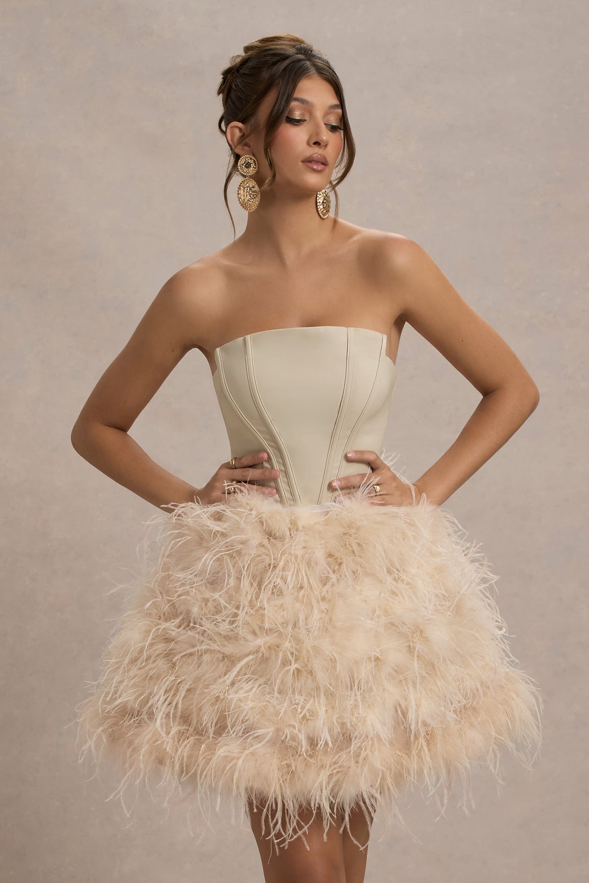 Peaches | Champagne Strapless Mini Dress With Volume Feather Hem