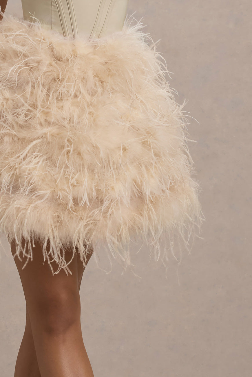 Peaches | Champagne Strapless Mini Dress With Volume Feather Hem