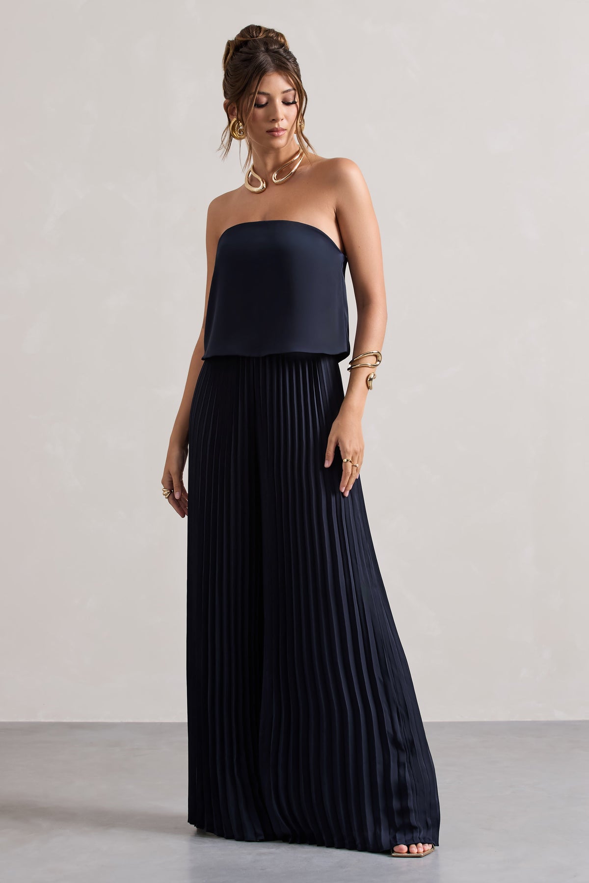 Tammi | Navy Satin Strapless Plisse Wide-Leg Jumpsuit