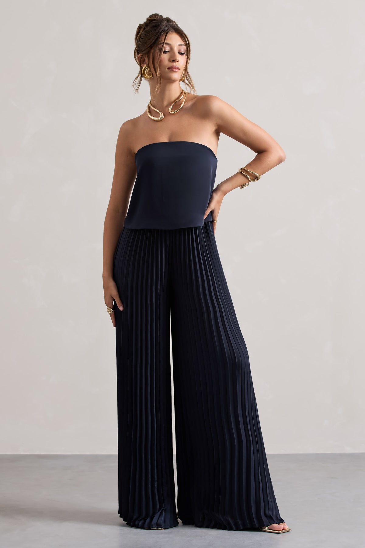 Tammi | Navy Satin Strapless Plisse Wide-Leg Jumpsuit