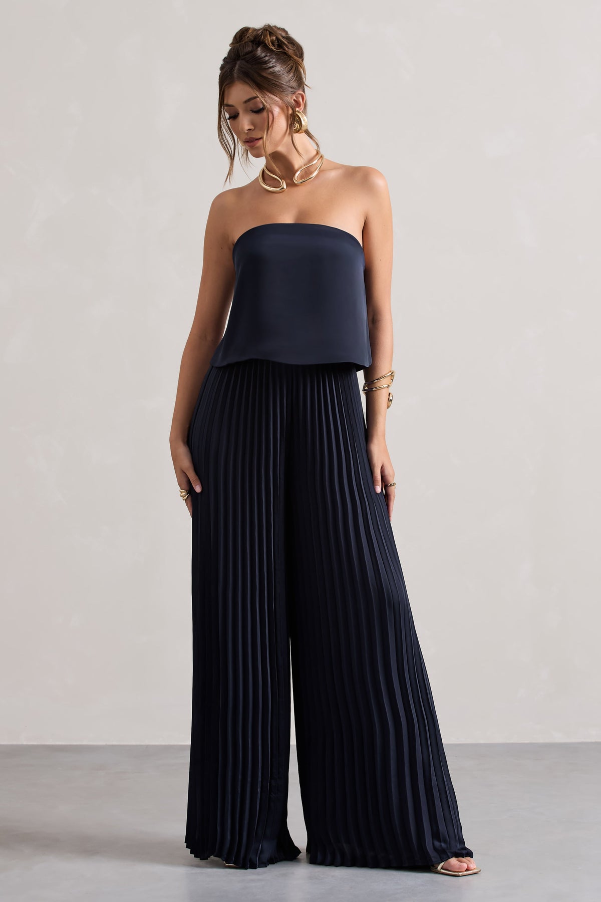 Tammi | Navy Satin Strapless Plisse Wide-Leg Jumpsuit