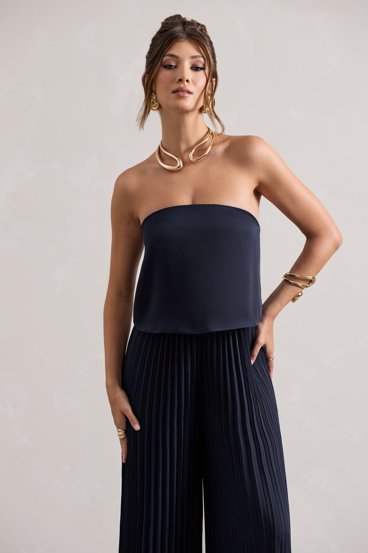 Tammi | Navy Satin Strapless Plisse Wide-Leg Jumpsuit