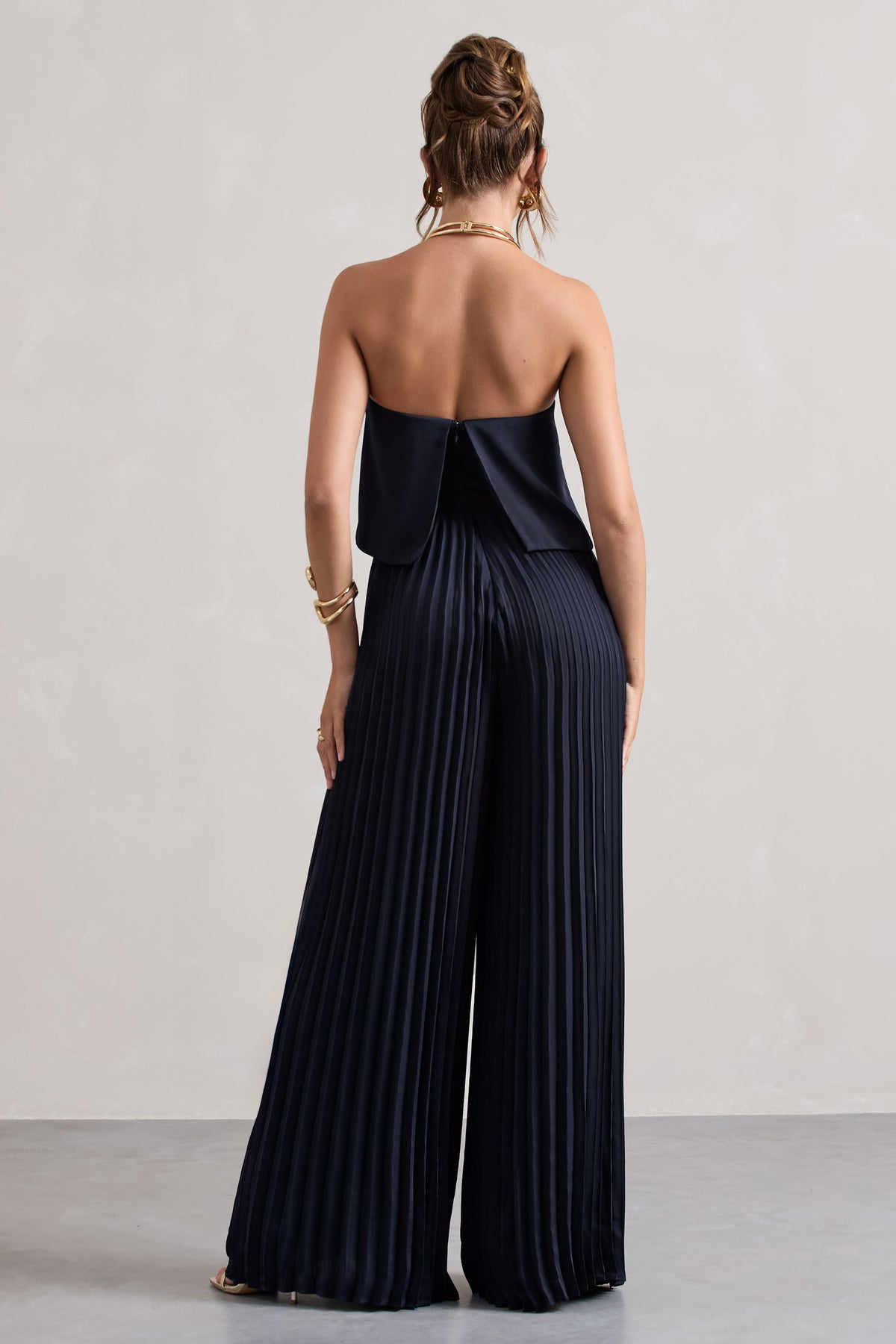 Tammi | Navy Satin Strapless Plisse Wide-Leg Jumpsuit