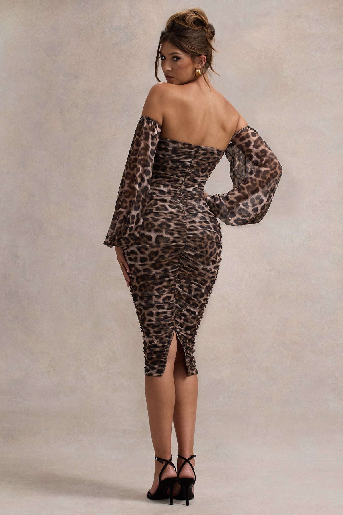 Rica | Leopard Print Bardot Puff-Sleeve Midi Dress