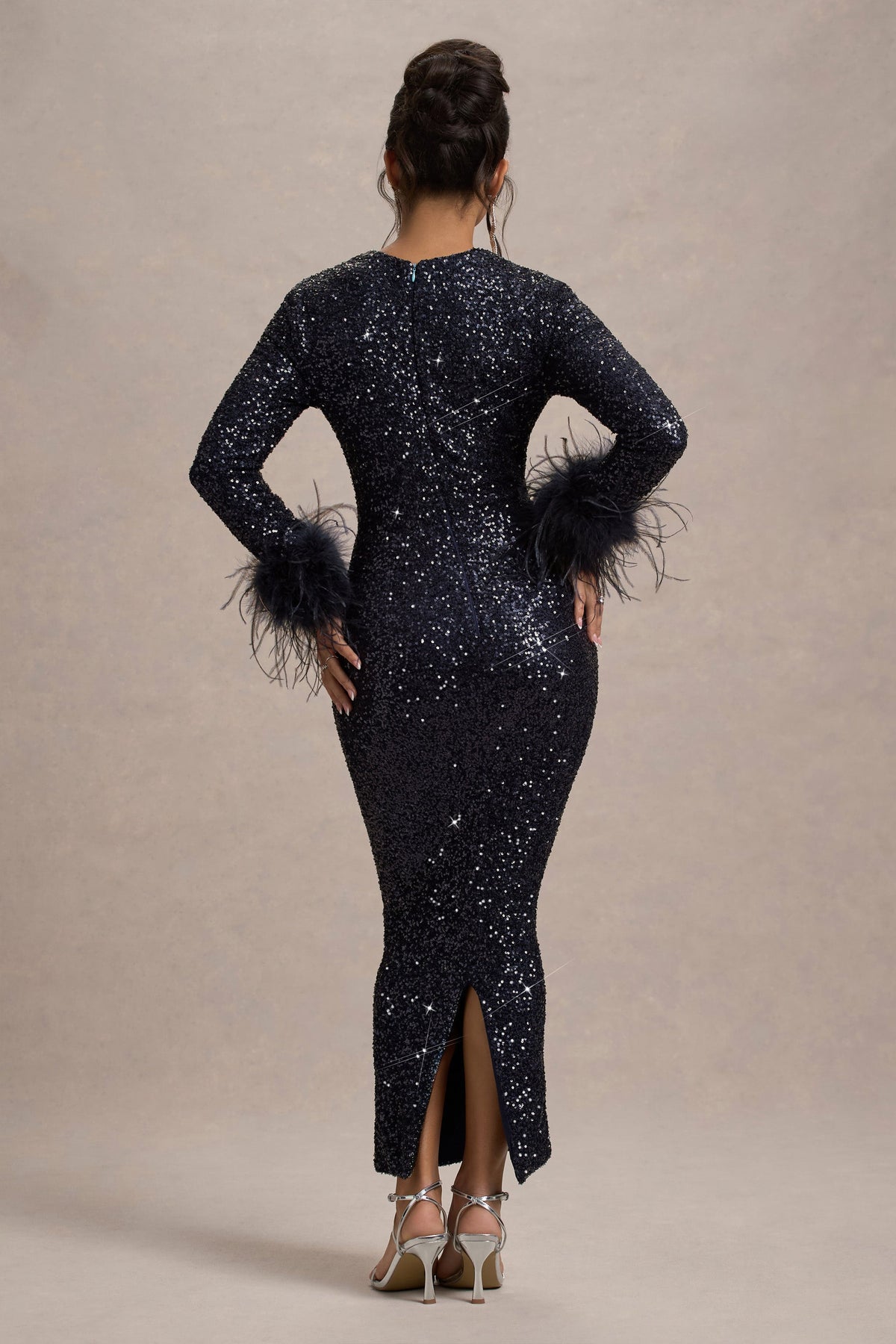 Analina | Navy Sequin Long-Sleeved Midi Dress With Feather Cuffs