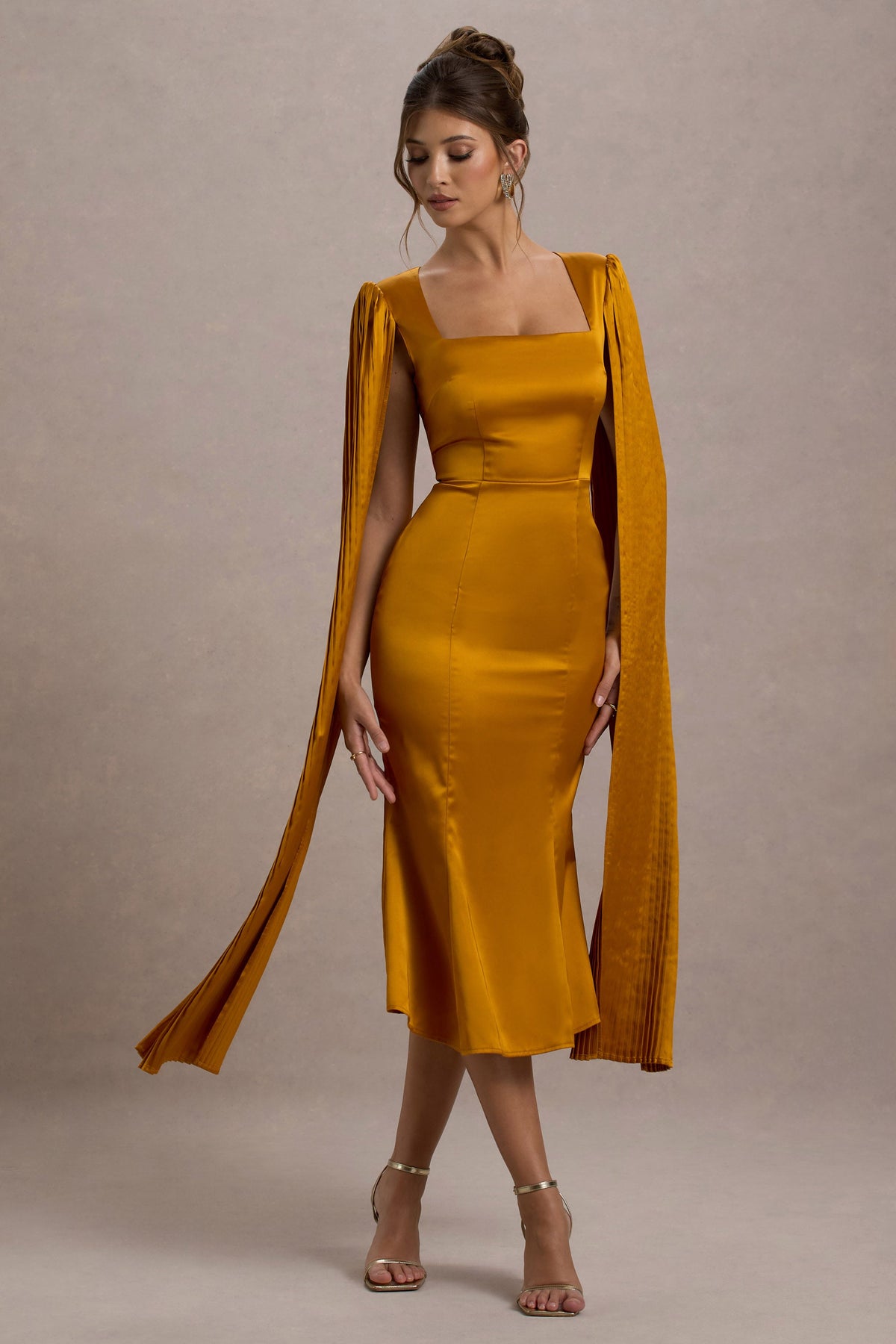 Nalda Mustard Square Neck Midi Dress With Cape Sleeves Club L London UAE