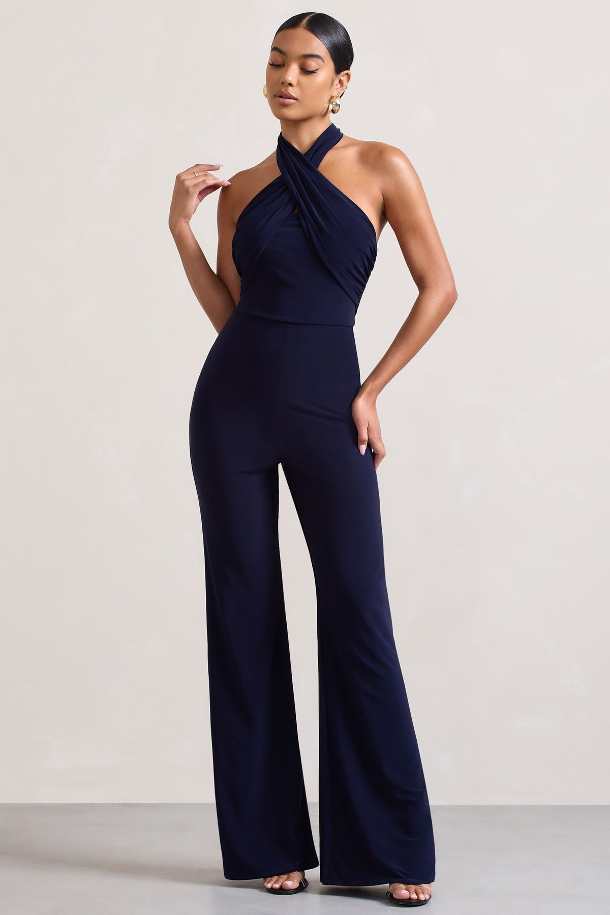 Goddess | Navy Halter Neck Flare Jumpsuit