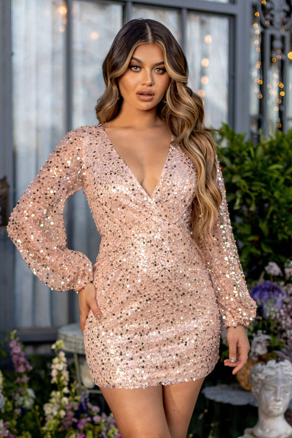 Flounce London Petite wrap front kimono mini dress 2024 in rose gold metallic -