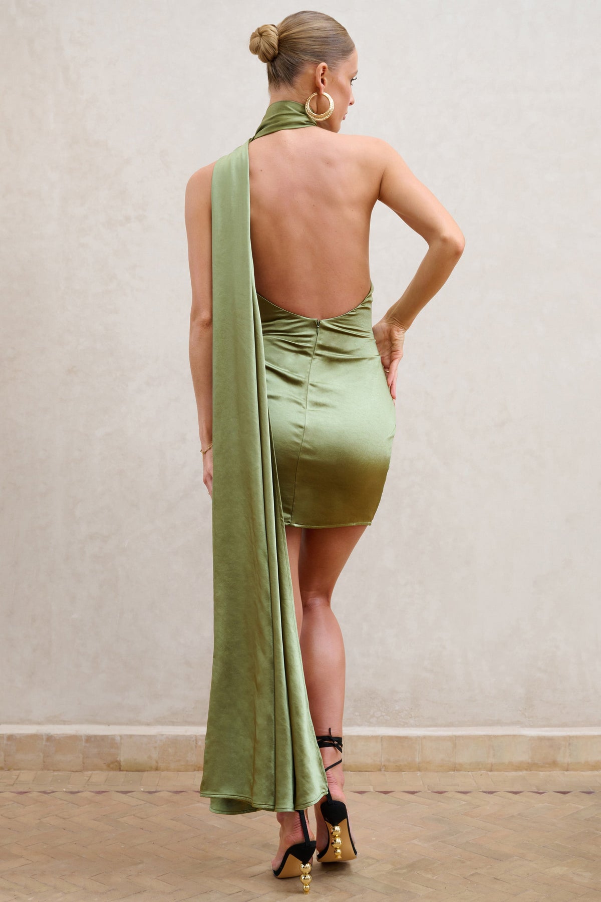 Nasira | Olive Asymmetric Neck Open Back Mini Dress With Scarf Detail