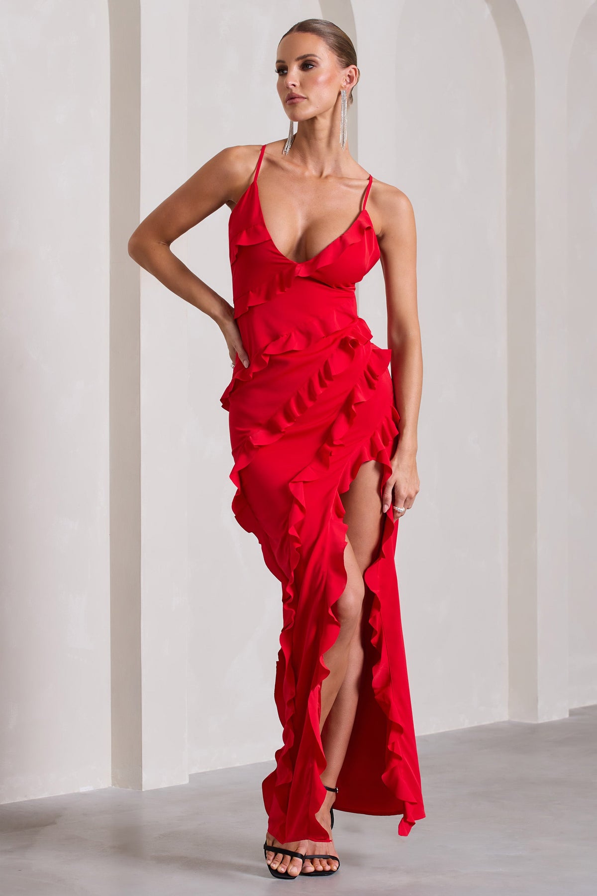 Run The World | Red Plunge Neckline Ruffle Maxi Dress