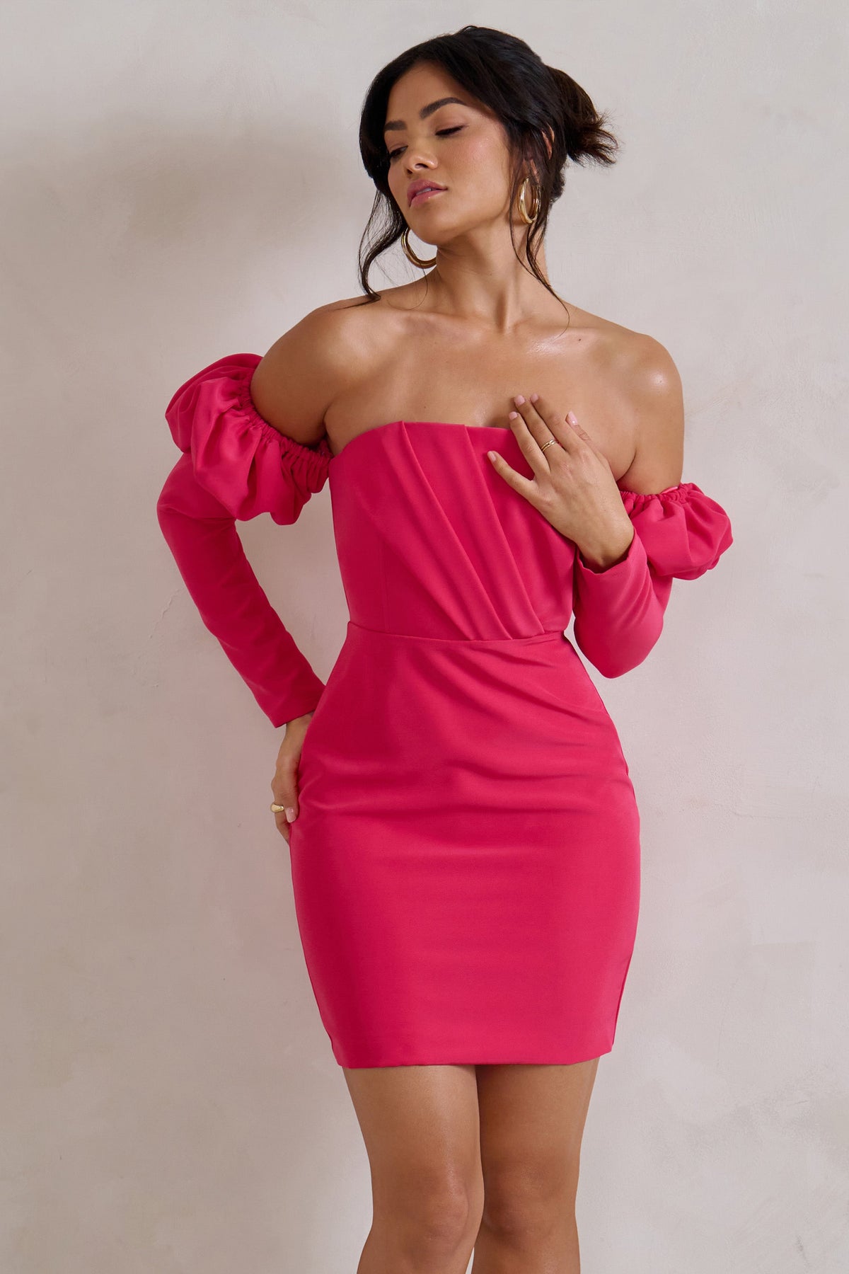 Laurie | Hot Pink Bardot Puff Long Sleeve Mini Dress