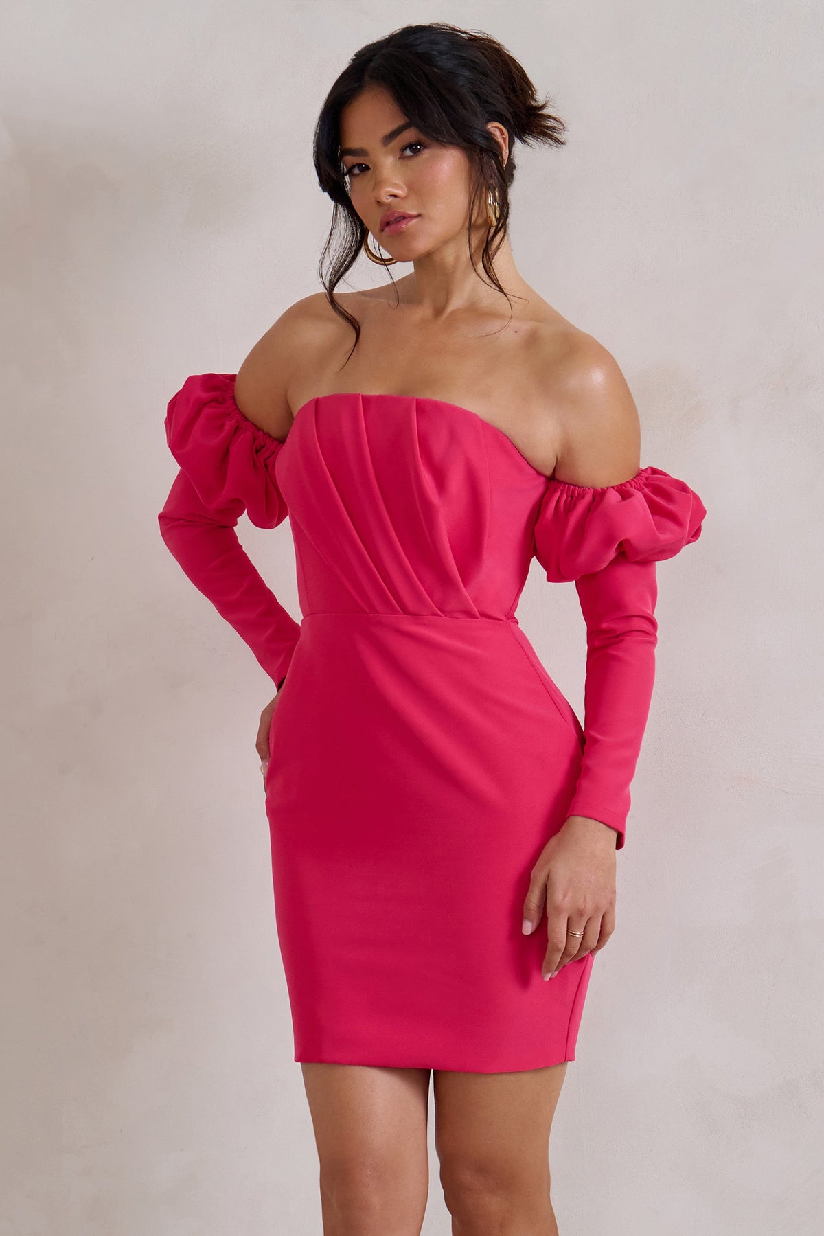 Laurie | Hot Pink Bardot Puff Long Sleeve Mini Dress