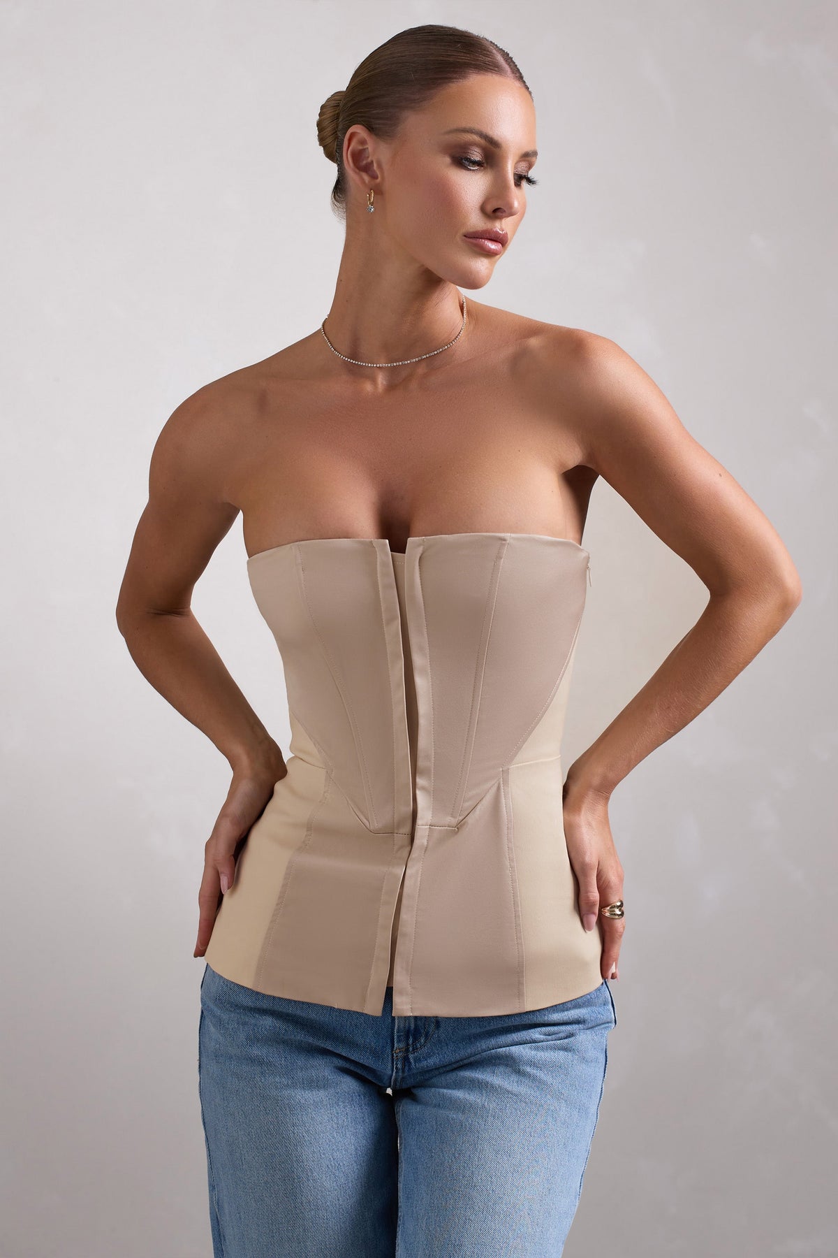 Illusive | Stone Satin-Blend Strapless Panelled Corset Top