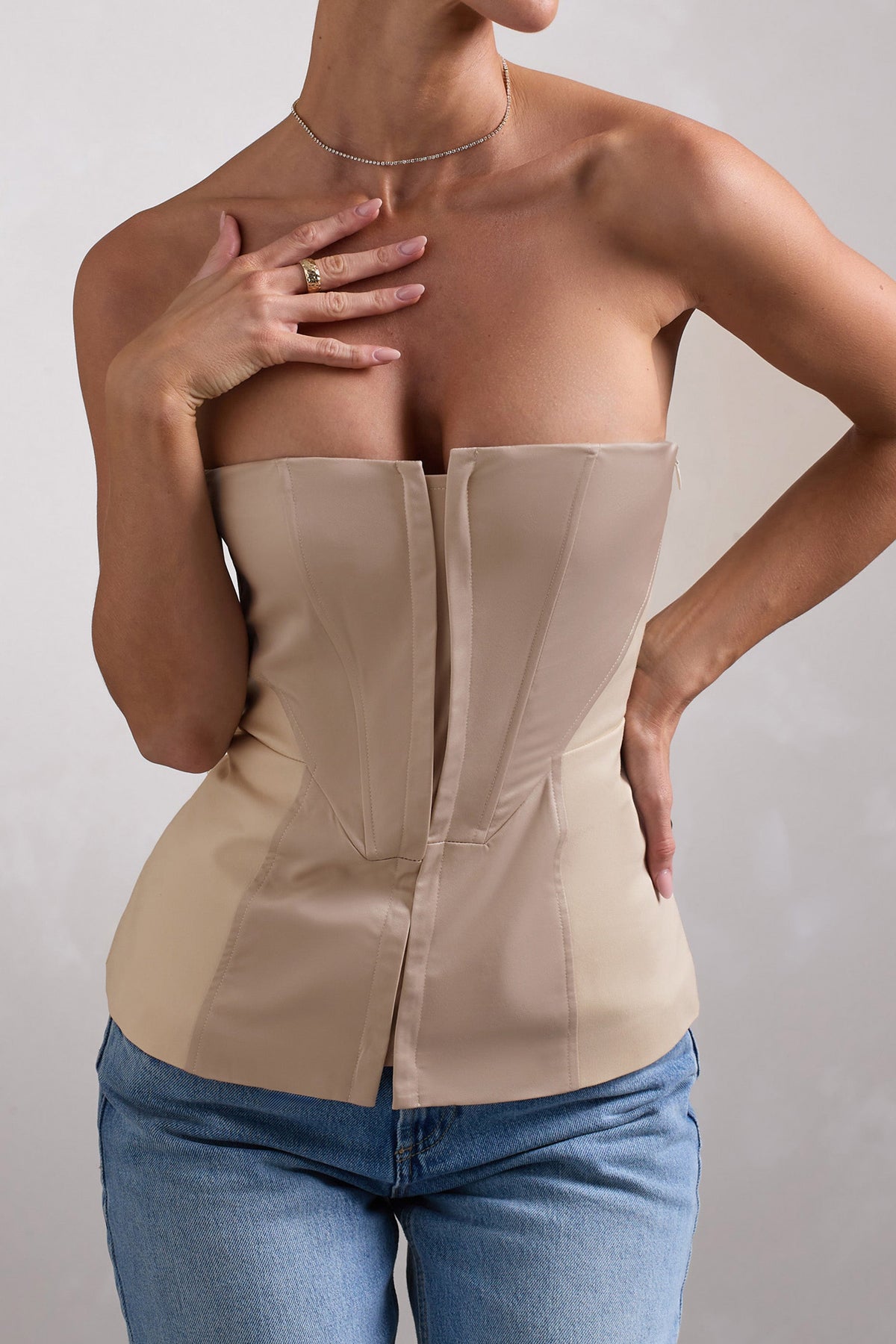 Illusive | Stone Satin-Blend Strapless Panelled Corset Top