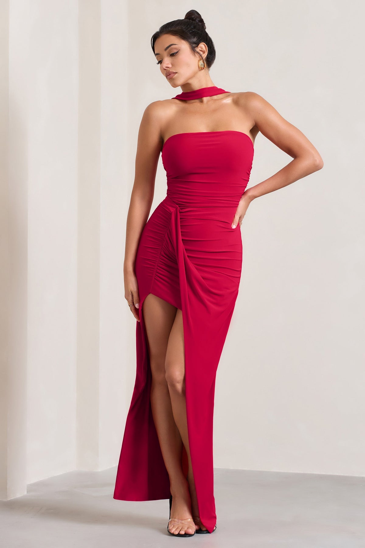 Paprika | Red Ruched Halter-Neck Bandeau Maxi Dress