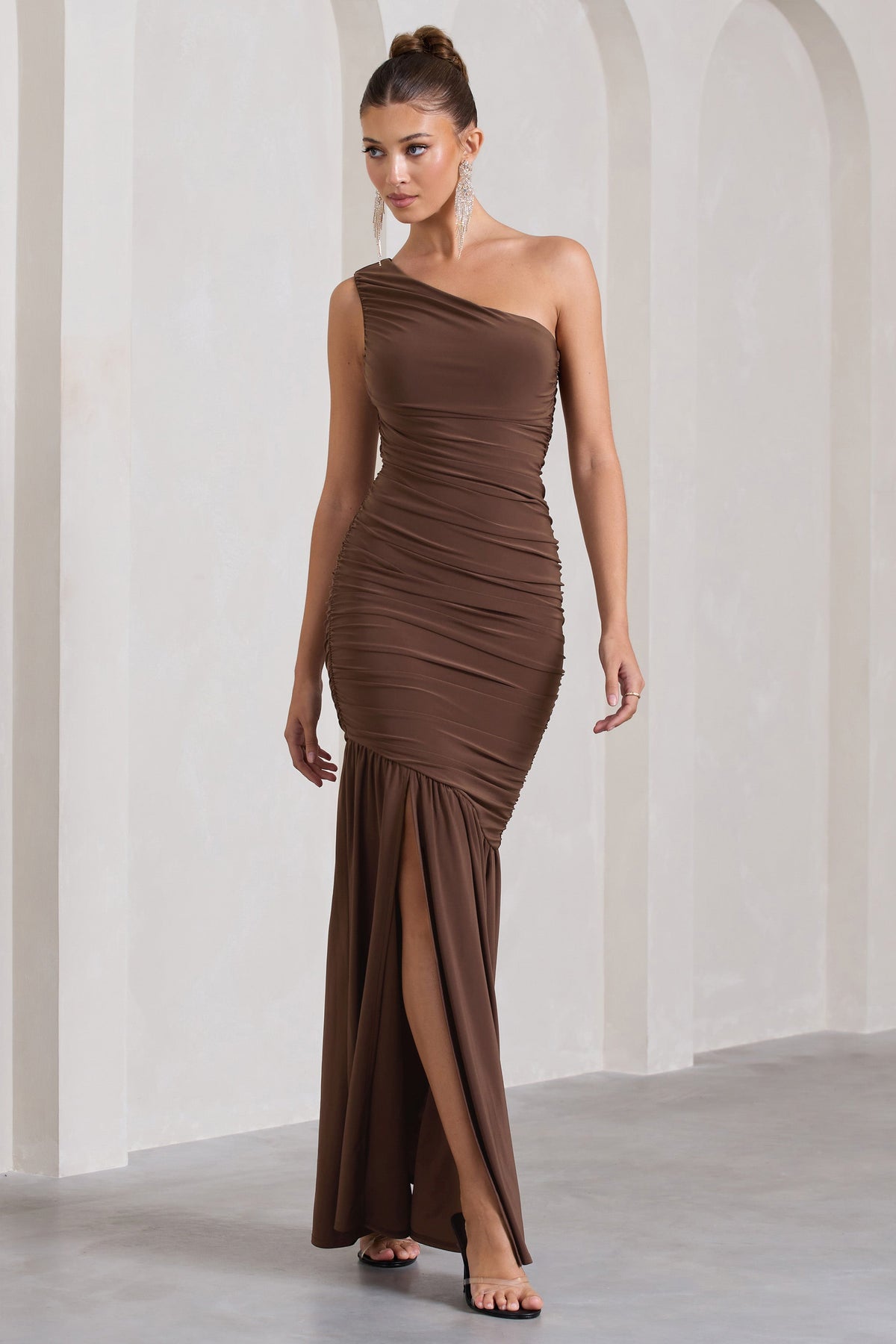 The Limelight | Chocolate One Shoulder Ruched  Maxi Dress