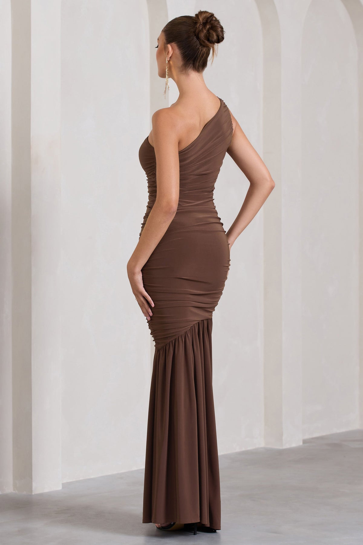 The Limelight | Chocolate One Shoulder Ruched  Maxi Dress