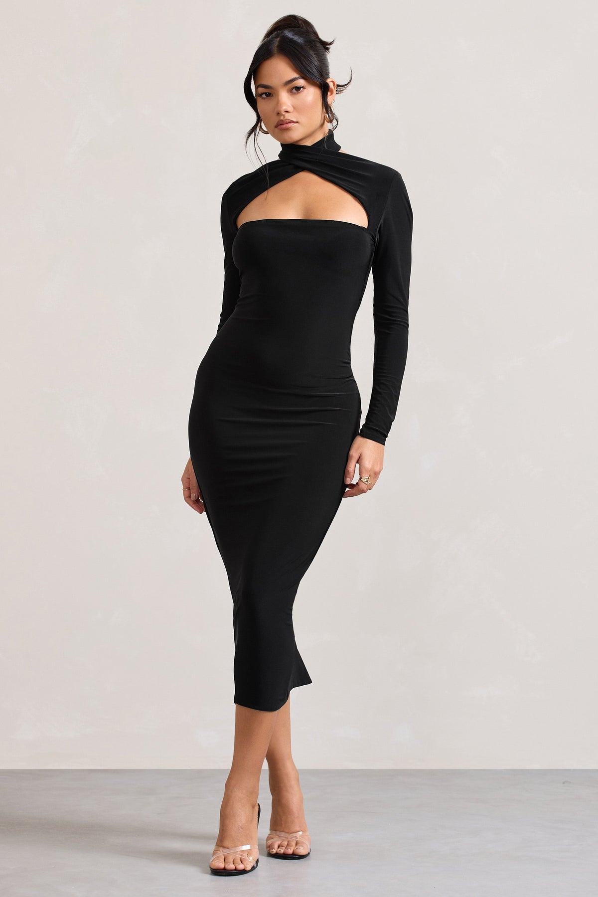 High Hopes | Black Halter-Neck Long-Sleeved Bodycon Midi Dress