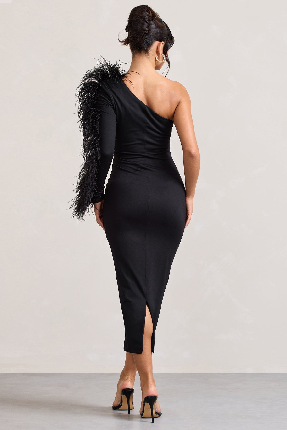 Wild One | Black One-Shoulder Bodycon Midi Dress With Feather-Trimmed Sleeve