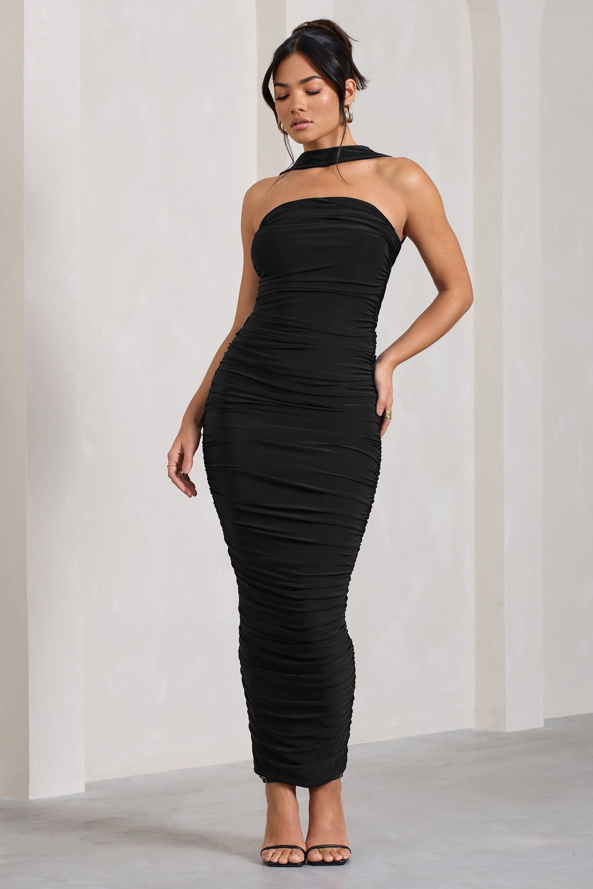 Entranced | Black Ruched Bandeau Maxi Dress With Halter Collar